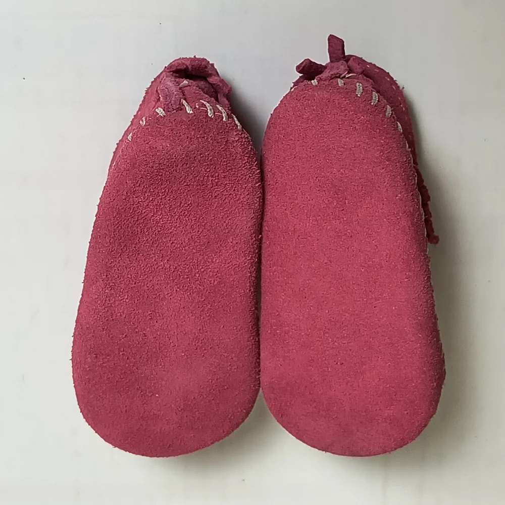 Minnetonka Pink Moccasins with Fringe and Contrast Stitching Baby Size 2